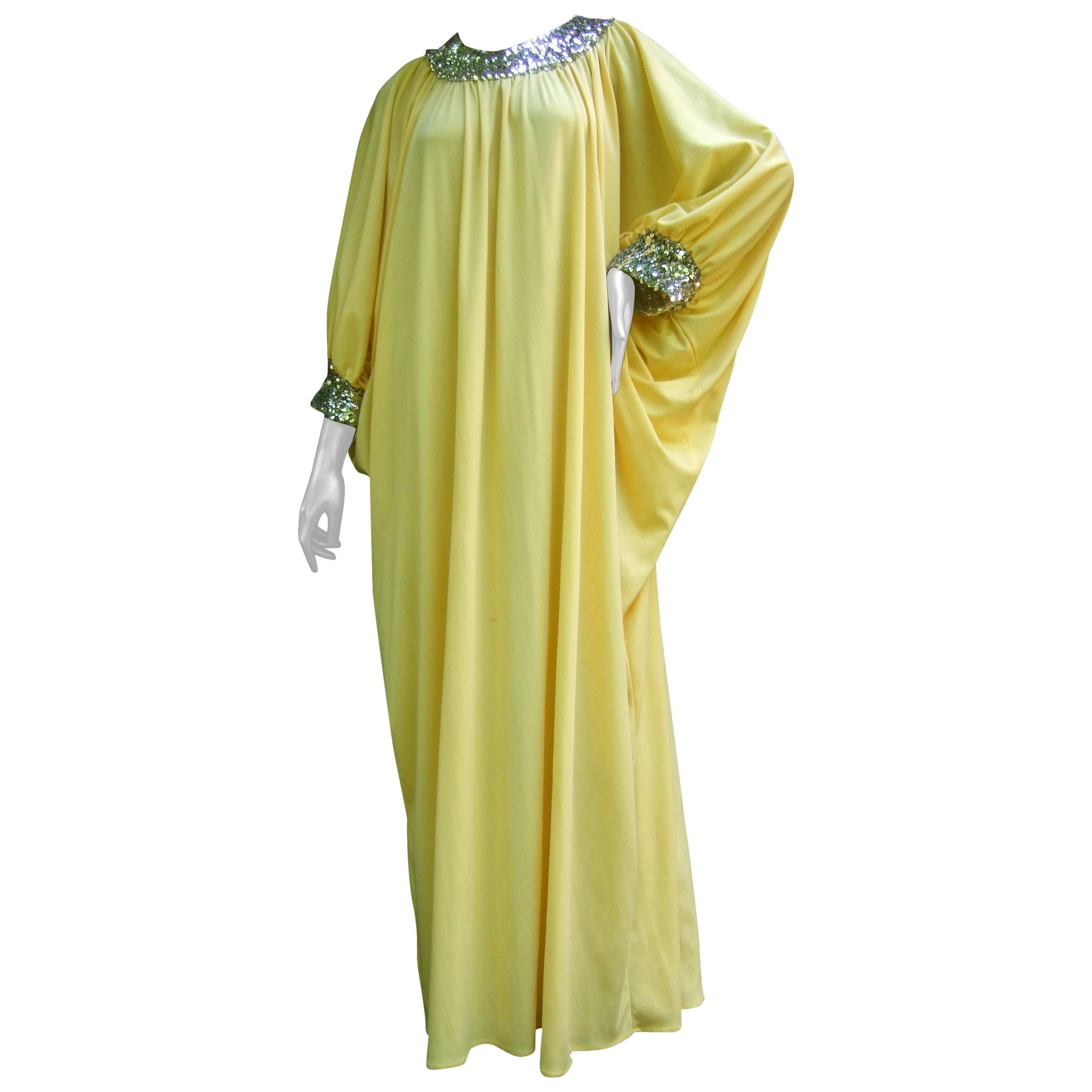 1970s Saks Fifth Avenue Lemon Yellow Poly Knit Caftan Lounge Gown  