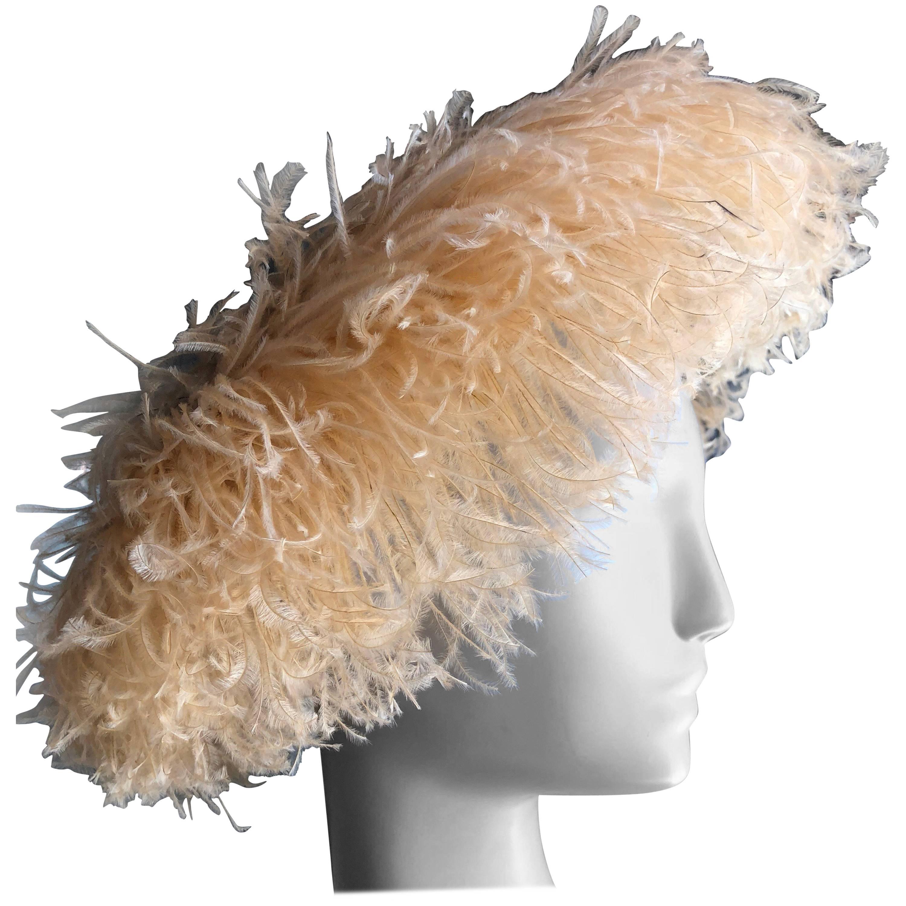 1950s Lora Peach Curled Ostrich Feather Cocktail Hat
