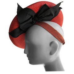 1940s American Modes Red Rolled-Brim Straw Tilt Hat W/ Ribbon Strap