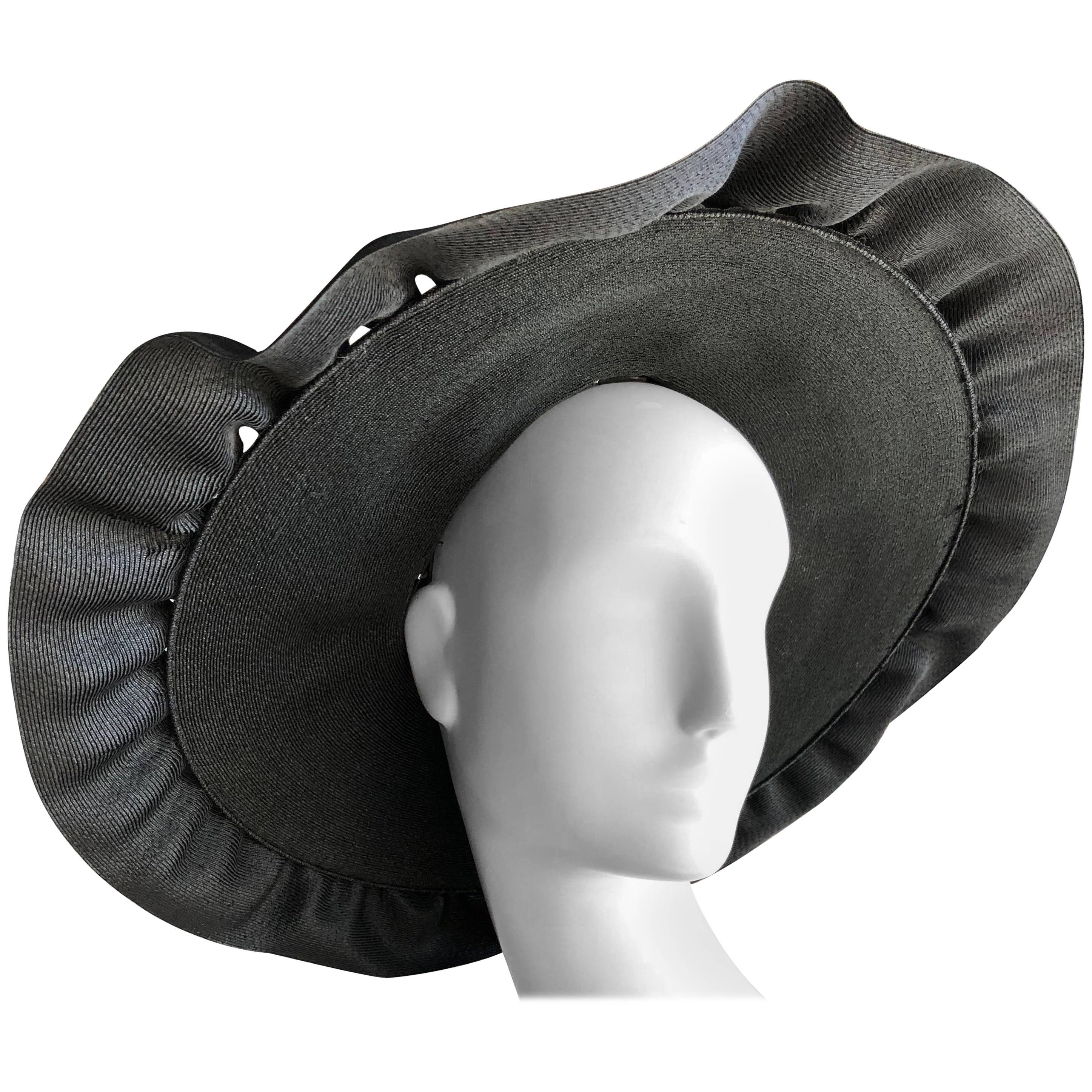 Irina Roublon Large Dramatic Black Straw Hat With Ruffled Straw Brim, 1940s 
