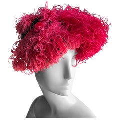 Vintage John-Frederics Custom Tilt Hat in Fuchsia Silk Satin and Curled Feathers, 1940s 