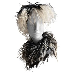 Vintage William J. Black And White Ostrich Feather Saucer Style Hat With Boa, 1950s 