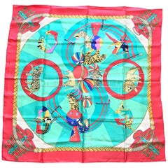 Vintage HERMES Carre large silk scarf with red and blue tone print of Circus. 