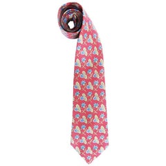 HERMES Tie in Red Twill Silk with Floral Printed