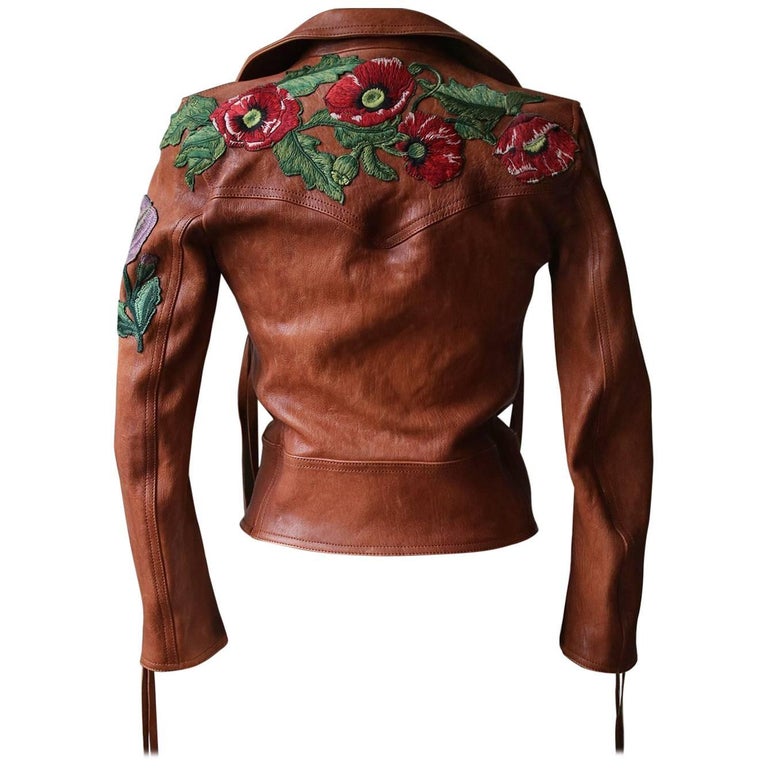 Gucci Poppy Embroidered Leather Biker Jacket For Sale at 1stDibs | brown  poppy jacket