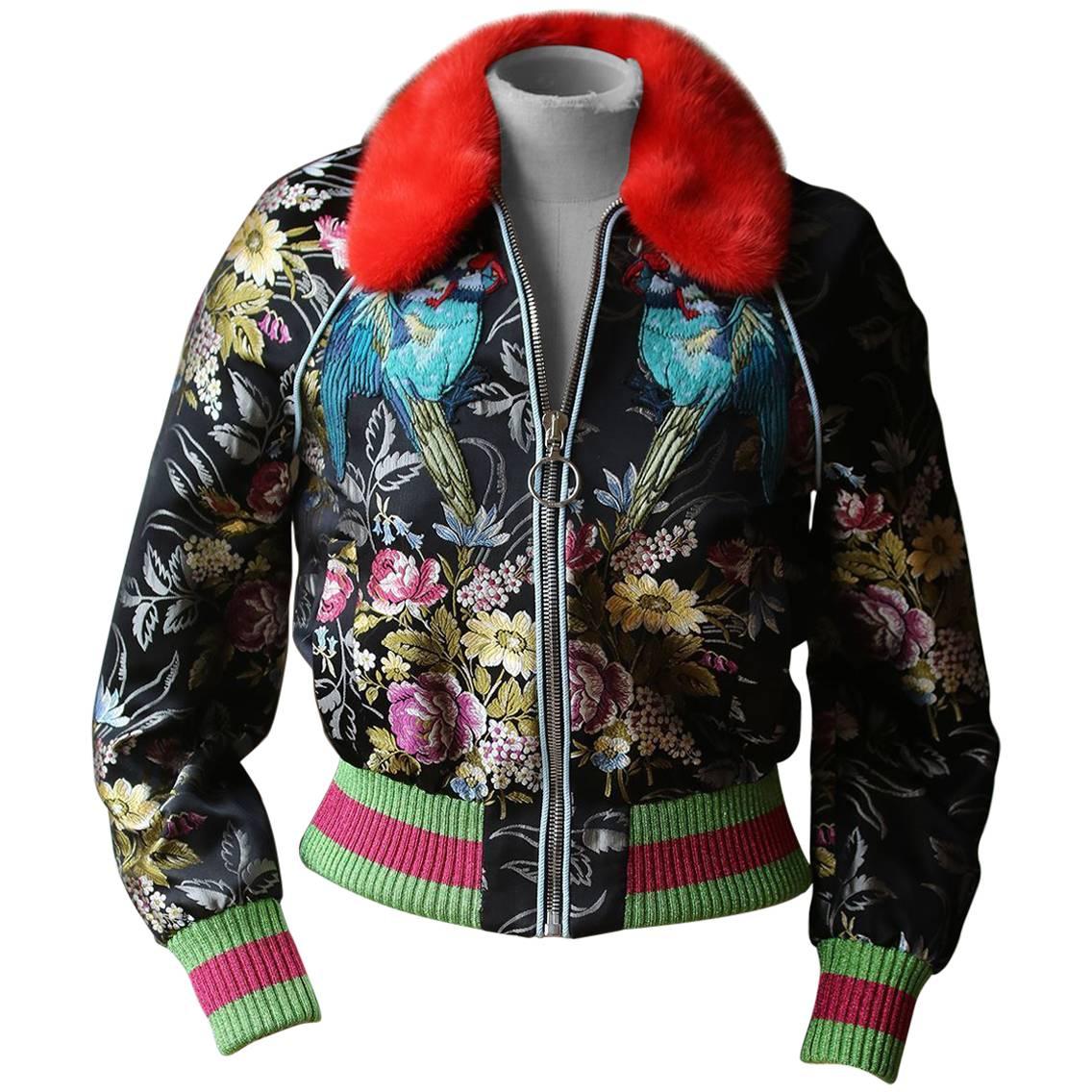 Gucci Mink Fur Trimmed Romantic Bouquet Silk Jacquard Bomber Jacket