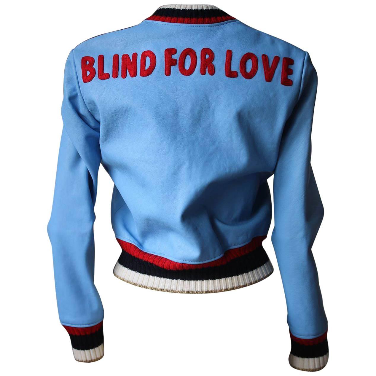 Gucci // Light Blue Leather Blind For Love Varsity Jacket – VSP