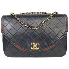 Vintage Chanel Classic Navy Quilted Lambskin Leather Red / Navy Trim Flap Shoulder Bag 