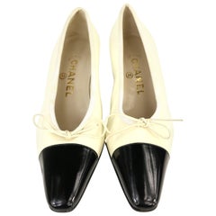 Used Chanel Black and White Patent Leather with Tied Ribbon Shoes