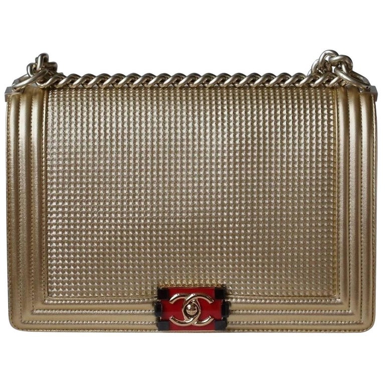 Chanel Boy Medium Embossed Gold Metallic Lambskin Flap Bag For Sale at 1stDibs