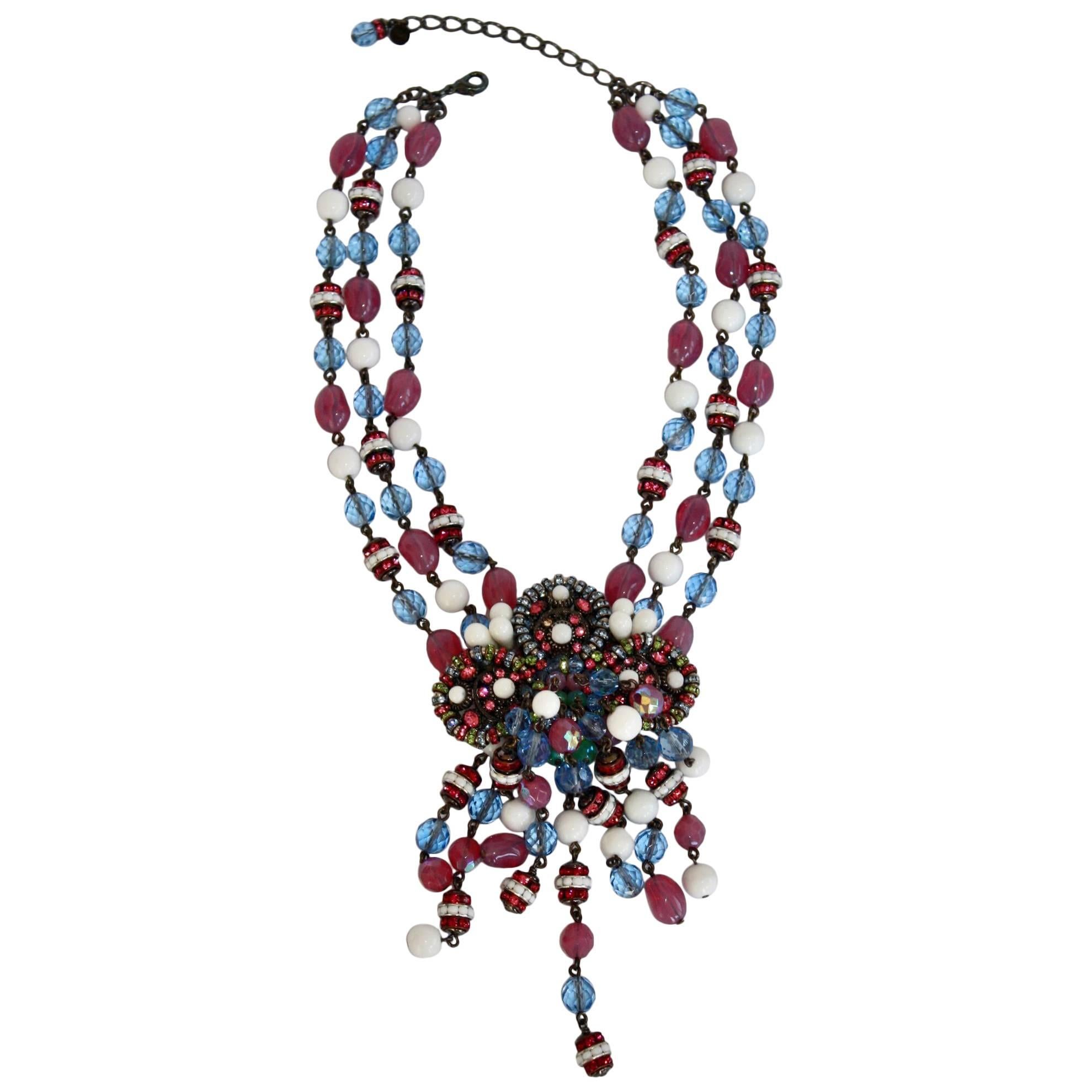 Francoise Montague Purple Blue and White Glass Statement Necklace For Sale