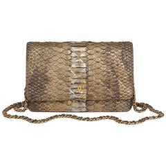 Used 2013 Chanel Grey & Gold Metallic Python Leather Wallet-On-Chain WOC 