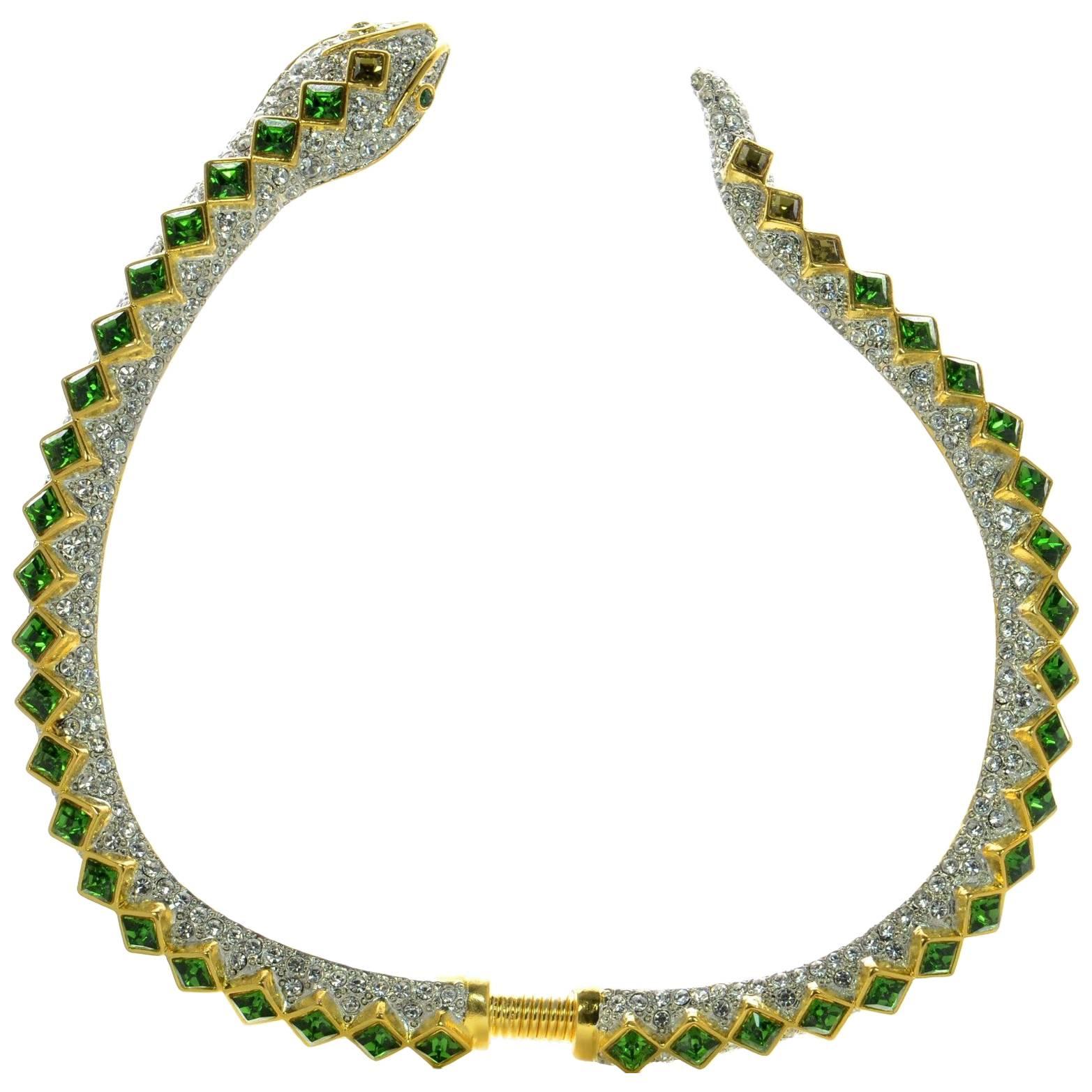 Signed Kenneth J Lane KJL Faux Diamond and Faux Emerald Snake Runway Necklace