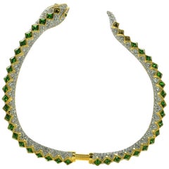 Signed Kenneth J Lane KJL Faux Diamond and Faux Emerald Snake Runway Necklace