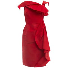 Oscar de la Renta Red Tafetta Ruffled Cocktail Dress - 6