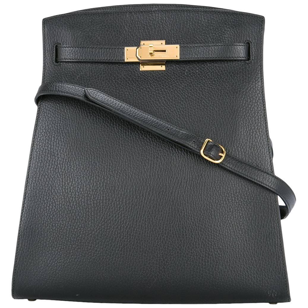 Hermes Black Leather Gold Hardware Travel Sport Single Shoulder Carryall Bag