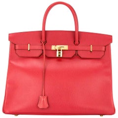 Hermes Birkin 40 Red Leather Gold Travel Carryall Top Handle Satchel Tote