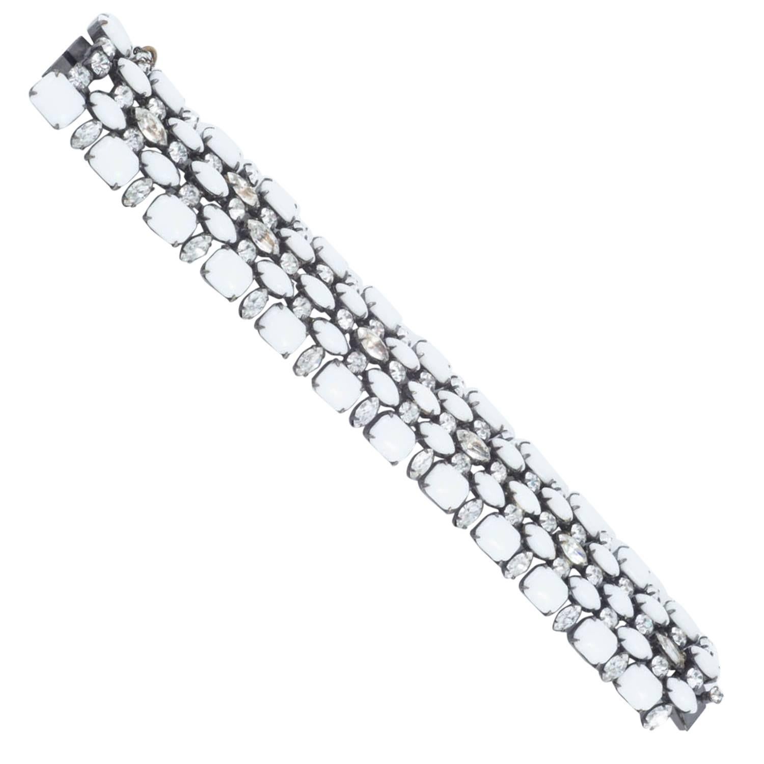 Schreiner NY Glass and Clear Paste Five-Row Bracelet on Japanned Metal, 1960s