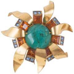 Artisan gilt metal and paste "sunburst" brooch / clip, France, 1960s
