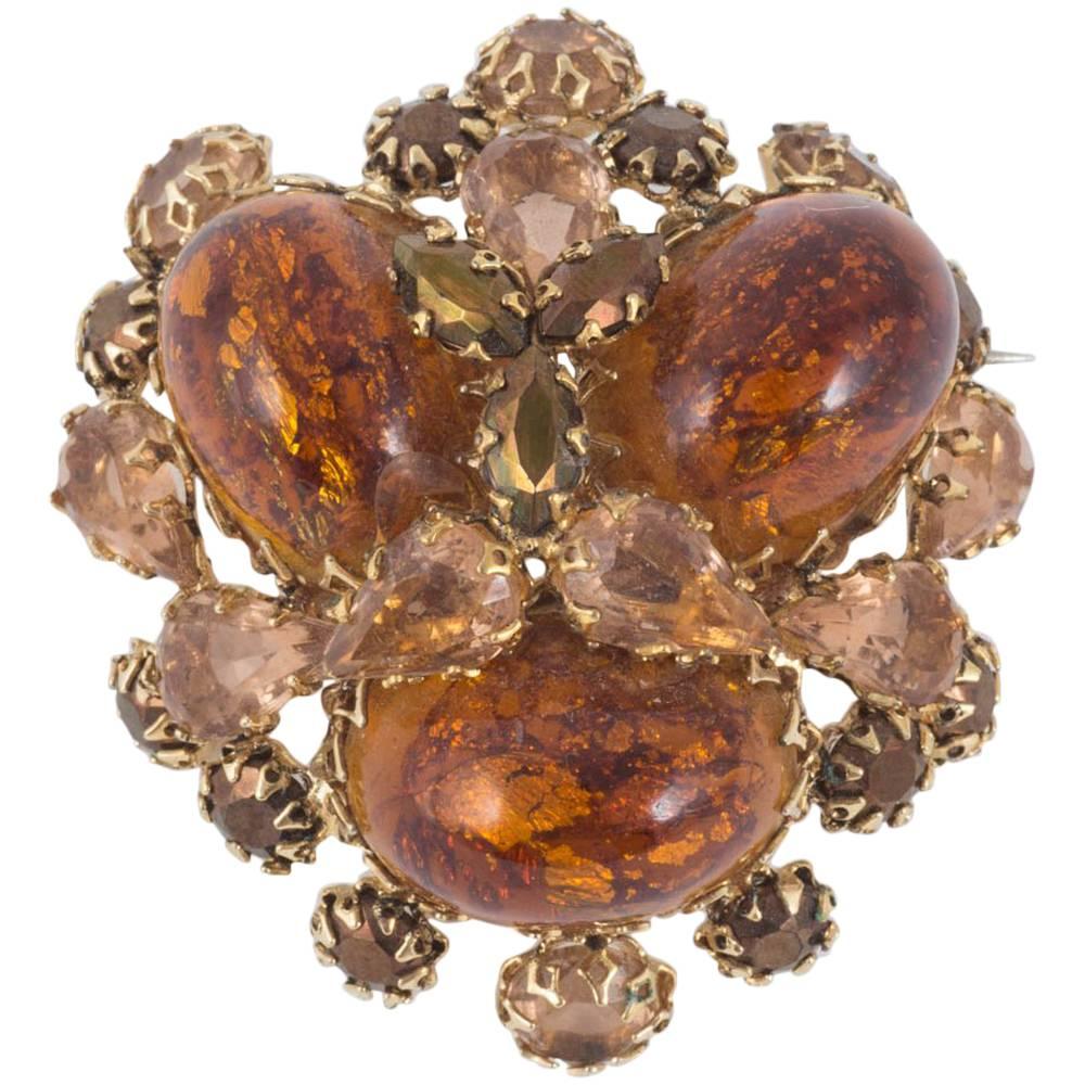  Huge 3D hand set faux amber and glass brooch/pendant, Schreiner New York, 1960s