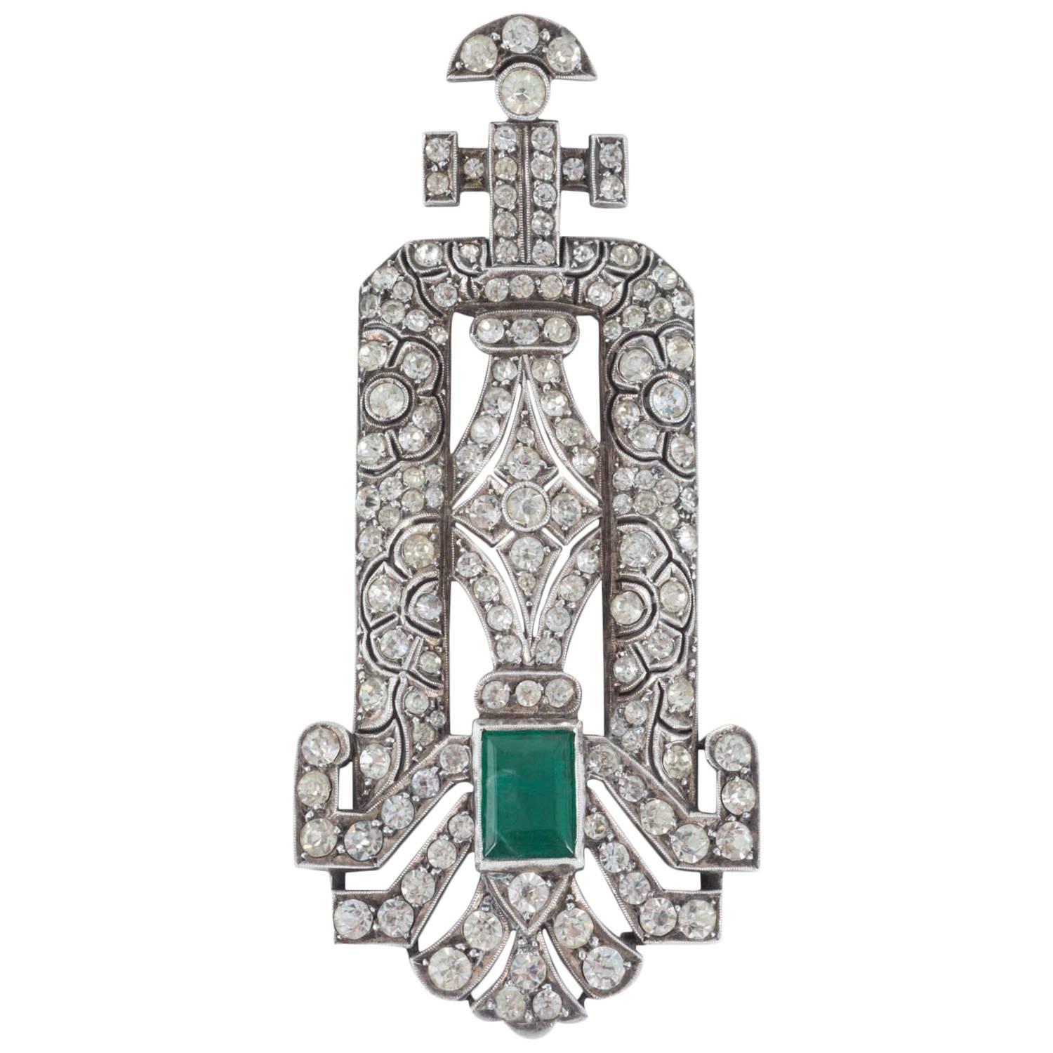 Silver and paste pendant with emerald paste stone France, 1920s