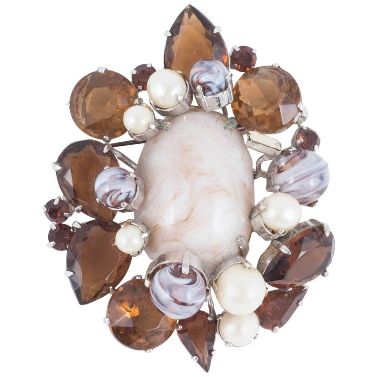 Large paste, marbled paste and pearl brooch, Christian Dior, dated '1960'.