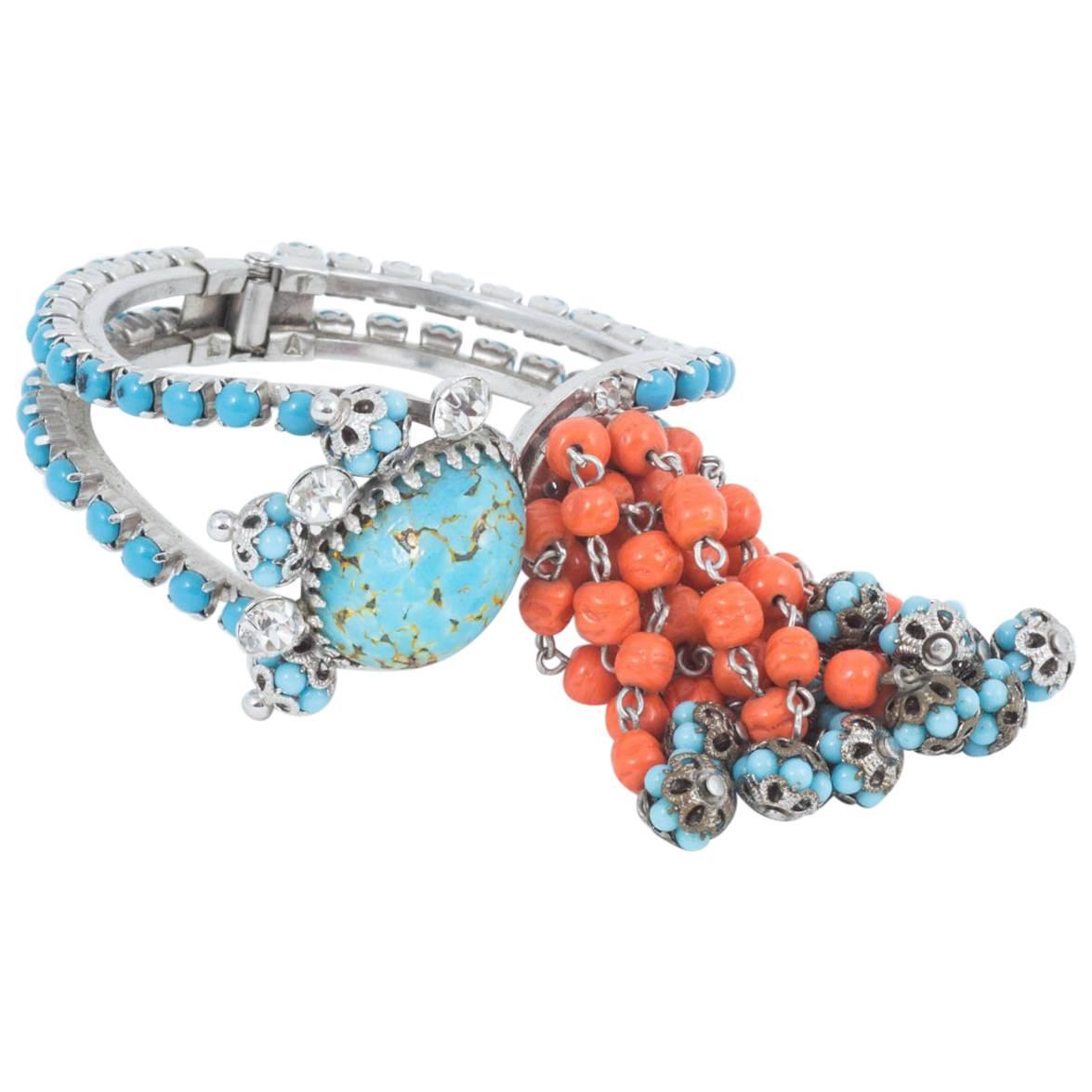  Prong set silvertone, turquoise and coral glass clamper 'cha cha' bracelet 1950s