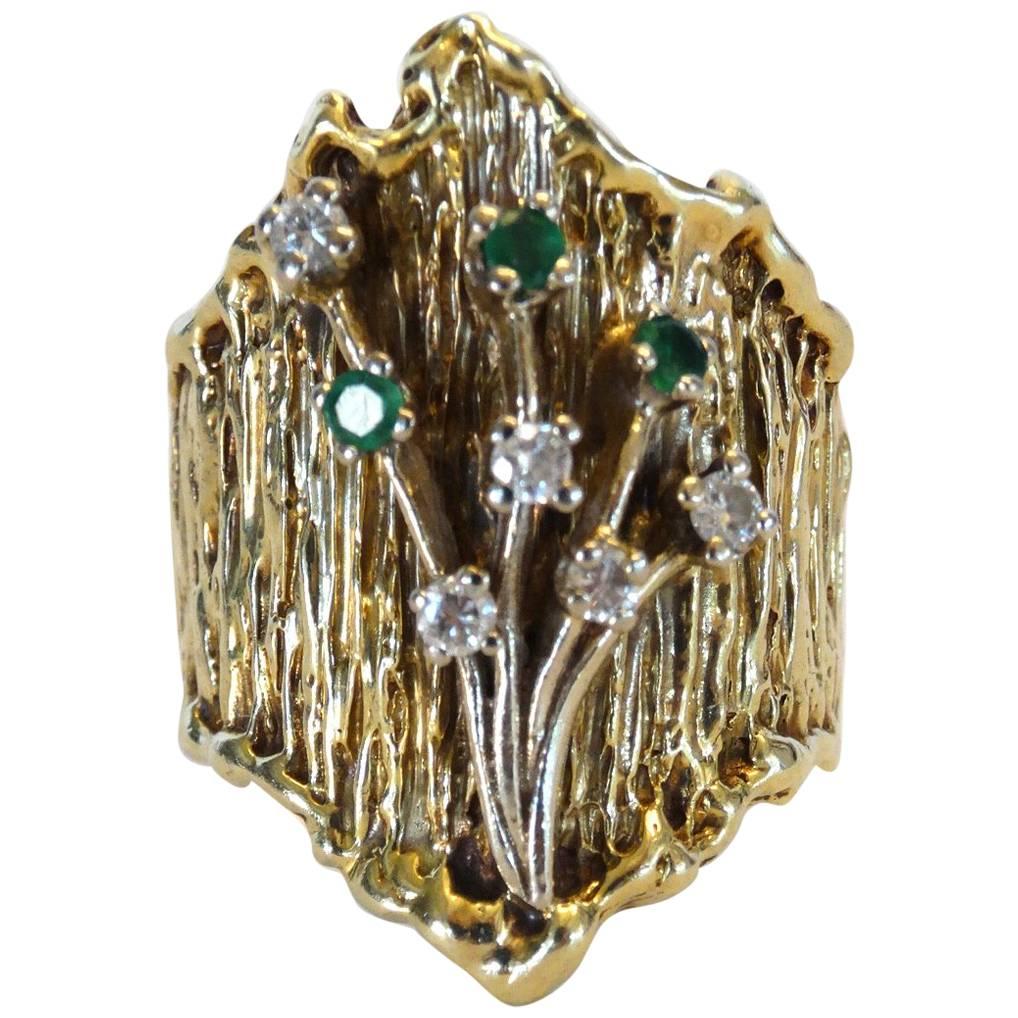 14k Floral Ring with Diamonds and Emeralds circa 1970s  For Sale