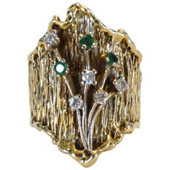 Vintage 14k Floral Ring with Diamonds and Emeralds circa 1970s 