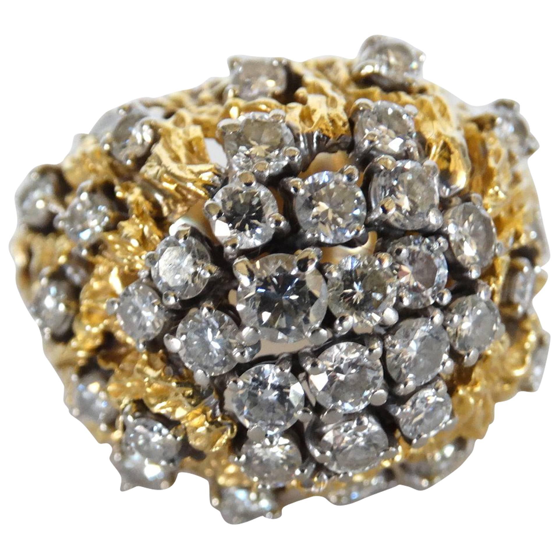 3 Carat Diamond Cluster Gold Nugget Ring For Sale