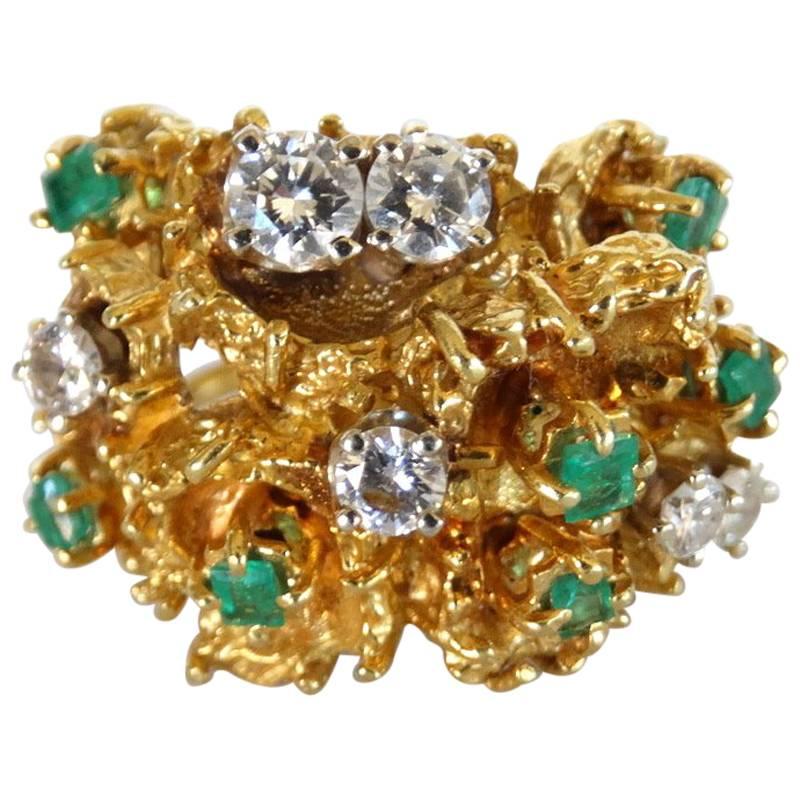 18K Gold Nugget Cocktail Ring with Diamonds and Emeralds 