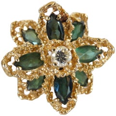 Retro Green Tourmaline Flower Ring with Diamond