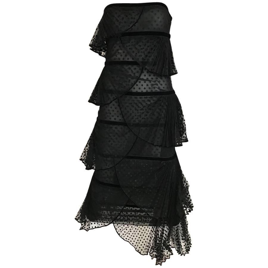  Christian Dior by Gianfranco Ferre Black Lace Strapless Velvet flocked Gown  