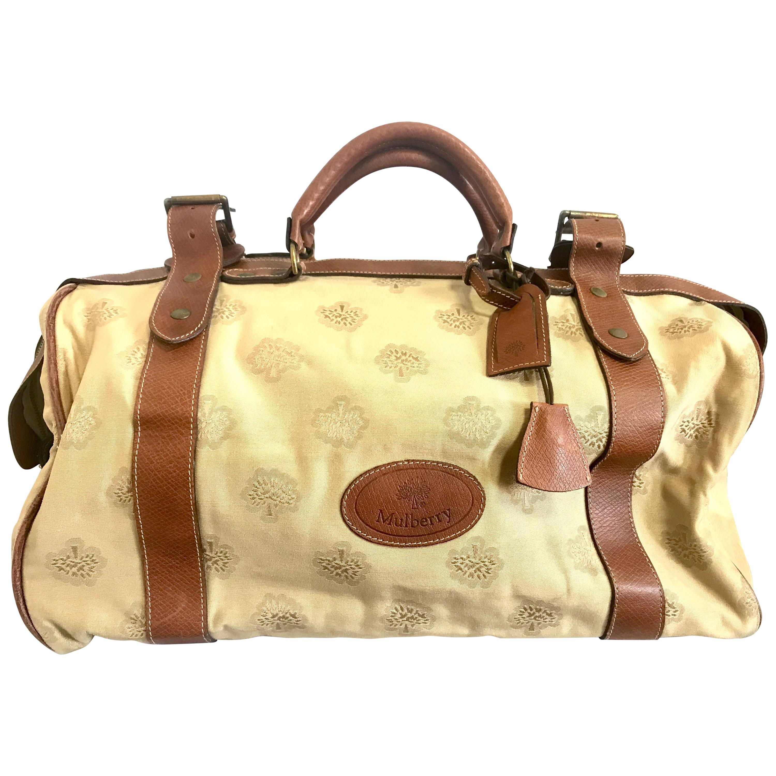 Vintage Mulberry beige logo jacquard fabric travel bag, duffle bag with leather.