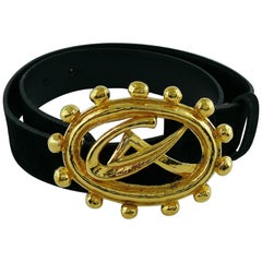 Christian Lacroix Vintage Black Suede Belt with Gold Toned CL Buckle