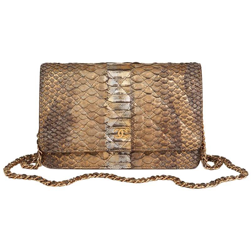 Chanel Metallic Grey and Gold Python Leather Wallet-On-Chain WOC For Sale