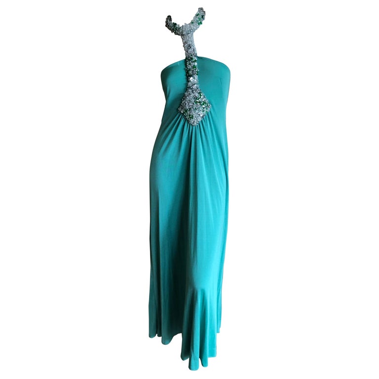 Loris Azzaro Couture Green Jersey Evening Dress with Jewel Collar