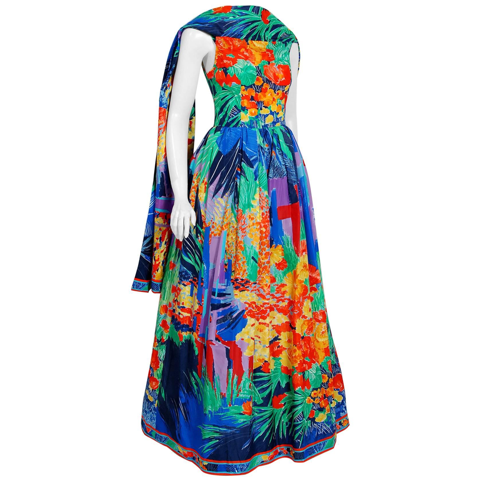 1992 Leonard Paris Watercolor Floral Print Silk Taffeta Capelet Full-Skirt Gown 