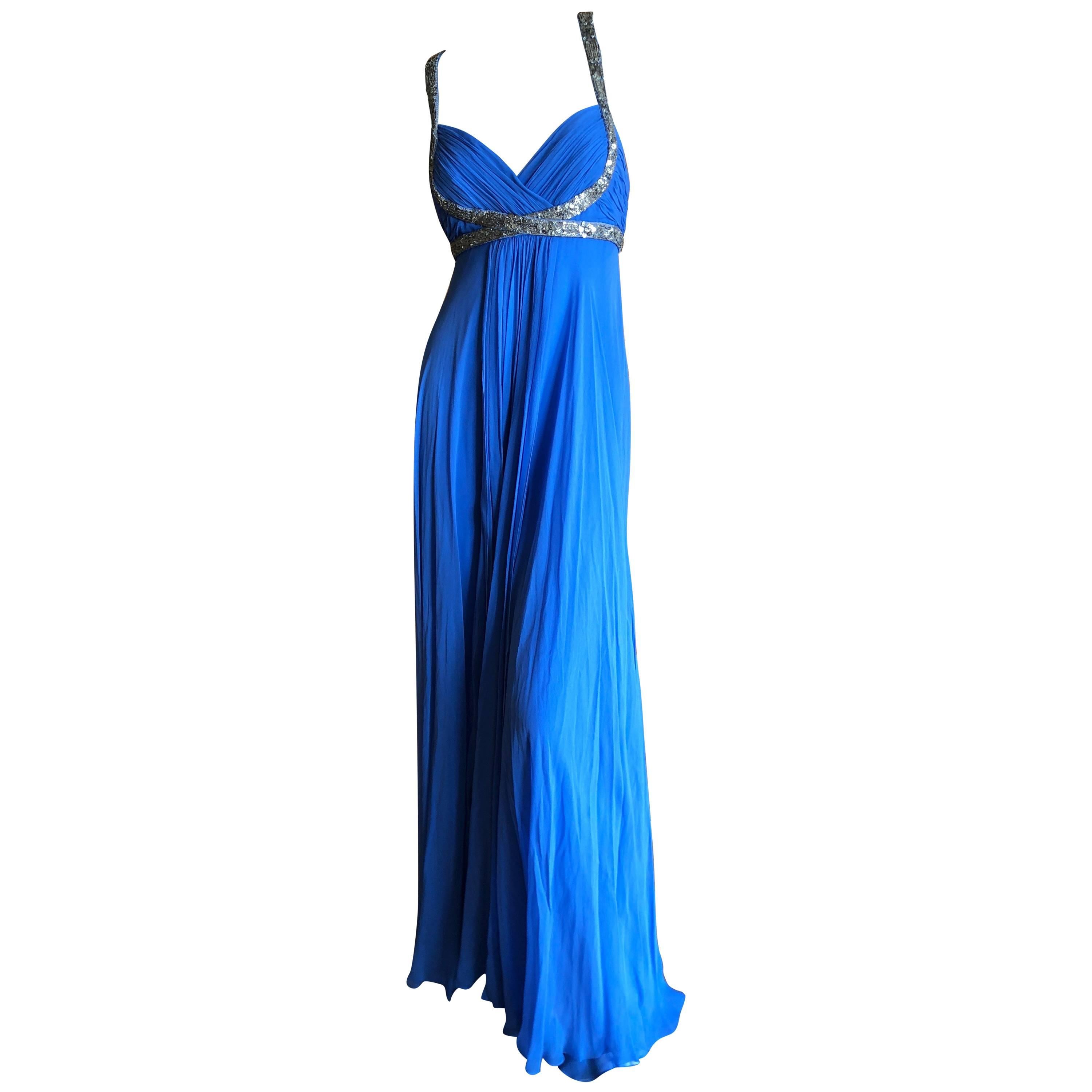 Marchesa Notte Silver Sequin Accented Blue Grecian Gown For Sale