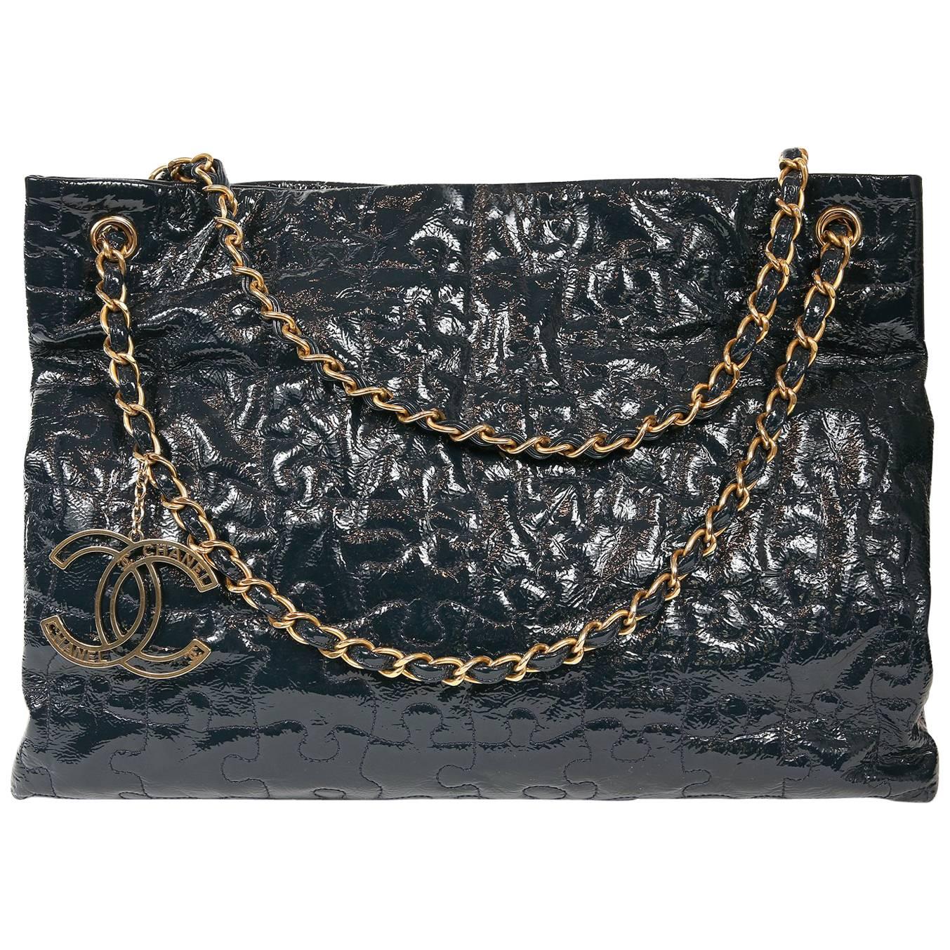 Chanel Navy Blue Patent Puzzle Tote Bag at 1stDibs