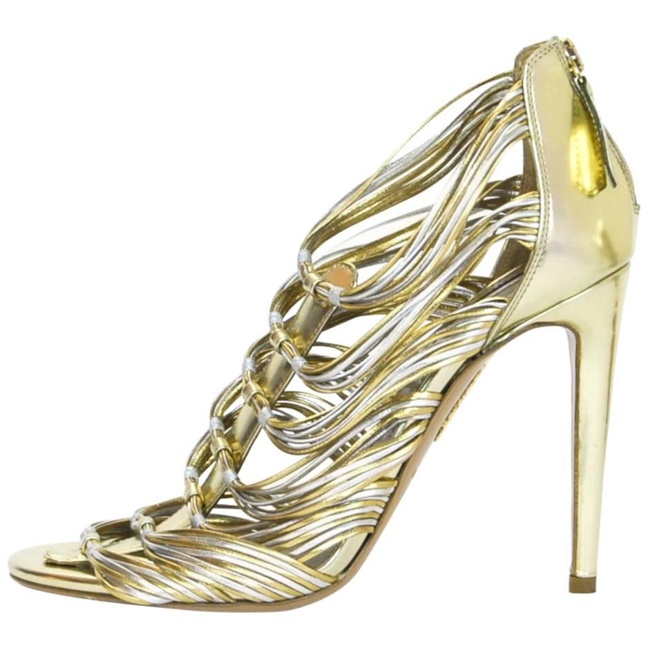 Aquazzura Gold & Silver Xena 105 Sandals Sz 37 NEW