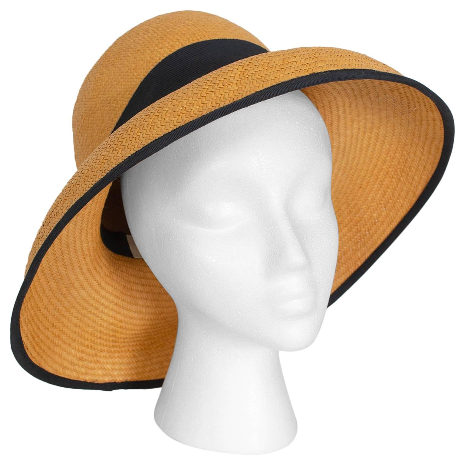 Natural Straw Bucket Sun Hat with Black Grosgrain Trim, 1960s