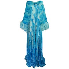 c.1972 La Mendola Blue Print Jersey Dress w Feather Trim Cape
