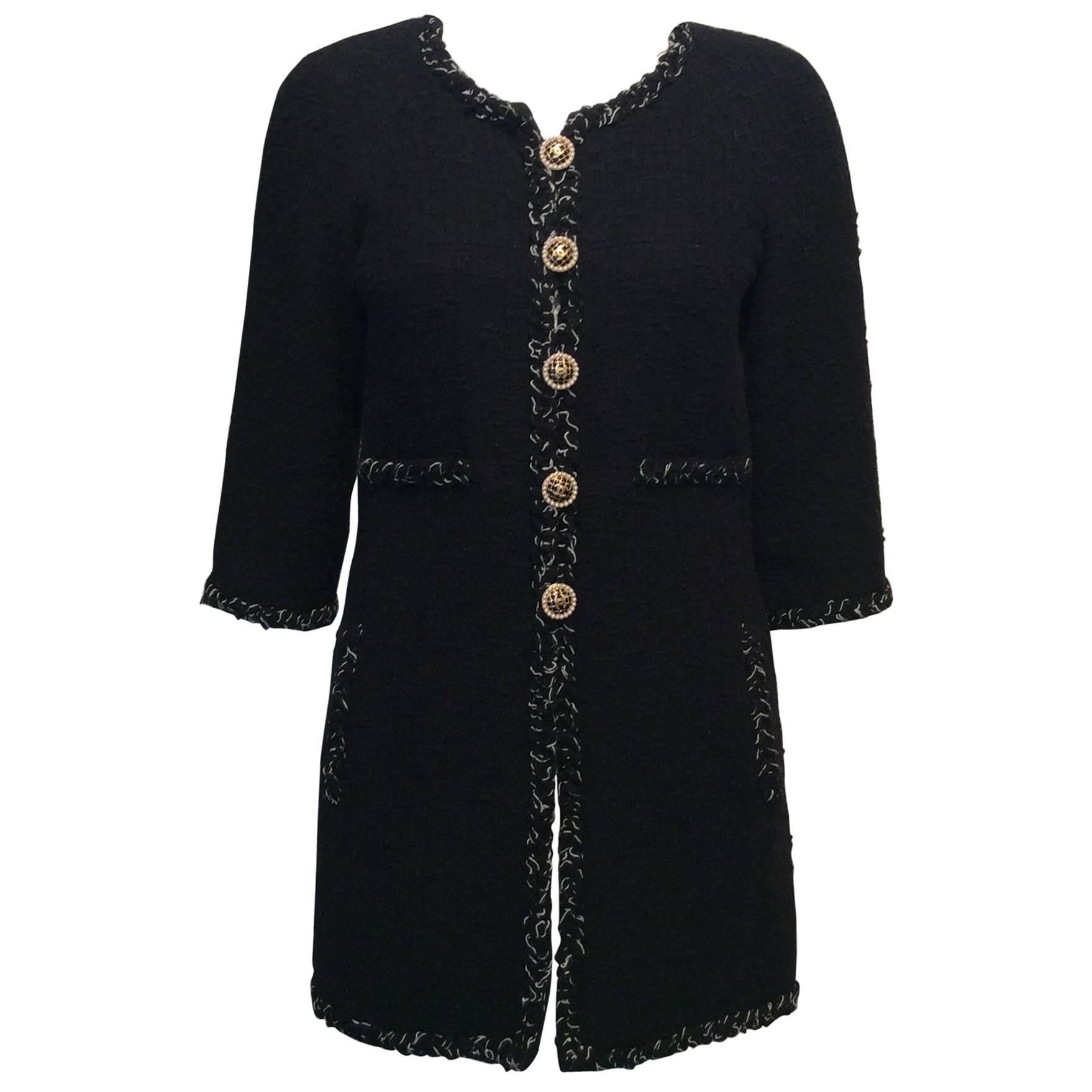 Chanel Black Tweed Coat W/ Braided Trim, Pearl and Black Enamel Buttons Sz36/Us4 For Sale