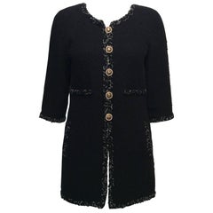 Chanel Black Tweed Coat W/ Braided Trim, Pearl and Black Enamel Buttons Sz36/Us4