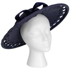 Navy Capeline Extra Wide Brimmed Sun Hat with Windowpane Voids, 1950s