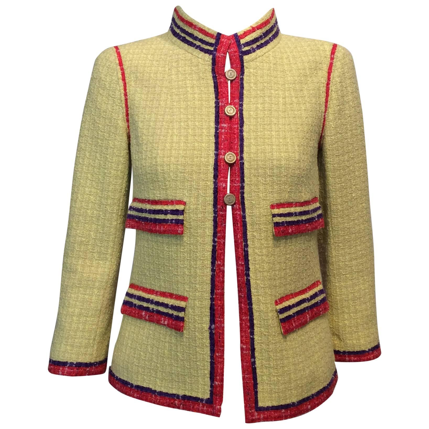 Chanel Yellow Tweed Jacket w/ Red and Purple Trim And Gold Buttons Sz34, Us2