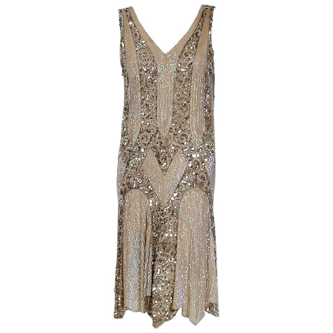 1920's French Couture Champagne Golden Beaded Sequin Art Deco Flapper Dress