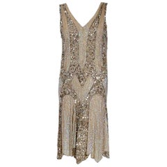 1920's French Couture Champagne Golden Beaded Sequin Art-Deco Flapper Dress