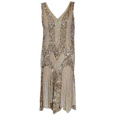 robe de soirée 1920's French Couture Champagne Golden Beaded Sequin Art Deco Flapper Dress